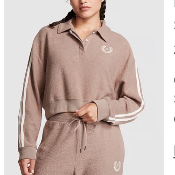NWT PINK Victoria’s Secret Reverse Fleece Cropped Polo Sweatshirt Iced Coffee L - Picture 1 of 6
